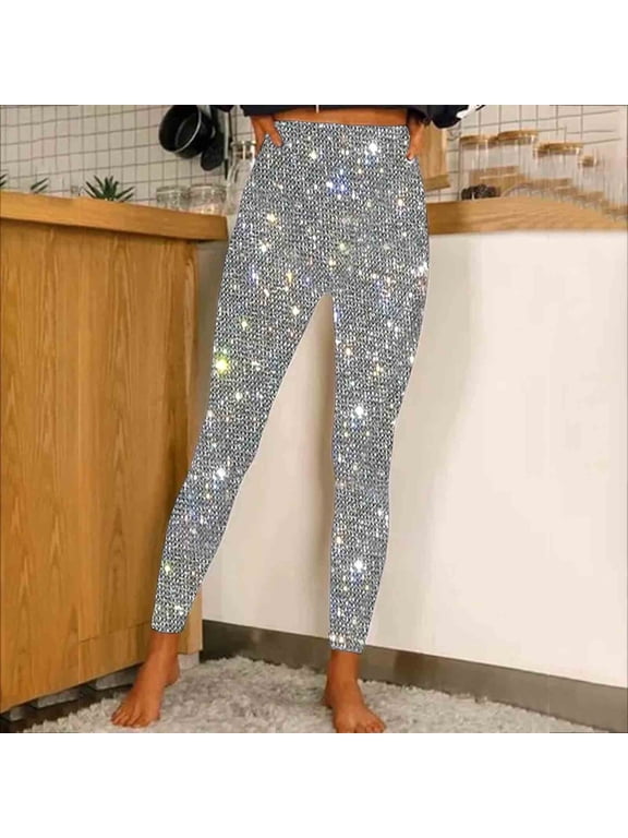 Women's High Waisted Glitter Leggings Fashion Yoga Workout Sequin Pants High Waisted Elastic Tights Streetwear New Womens Dress Pants Plus Size Silvery L