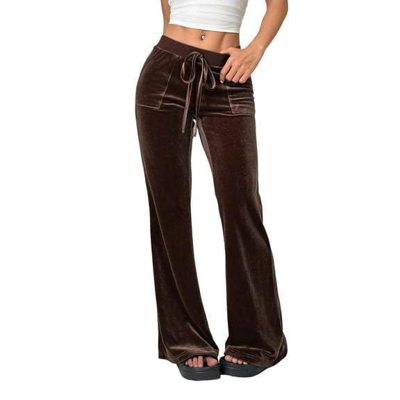 Women's High Waisted Gold Velvet Flare Pants - Drawstring with Pockets Casual Trousers, Coffee Brown Size S