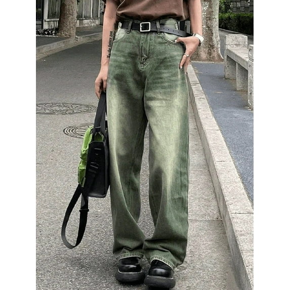Women’s High Waisted Green Washed Wide Leg Long Denim Pants Vintage Streetwear Baggy Jeans