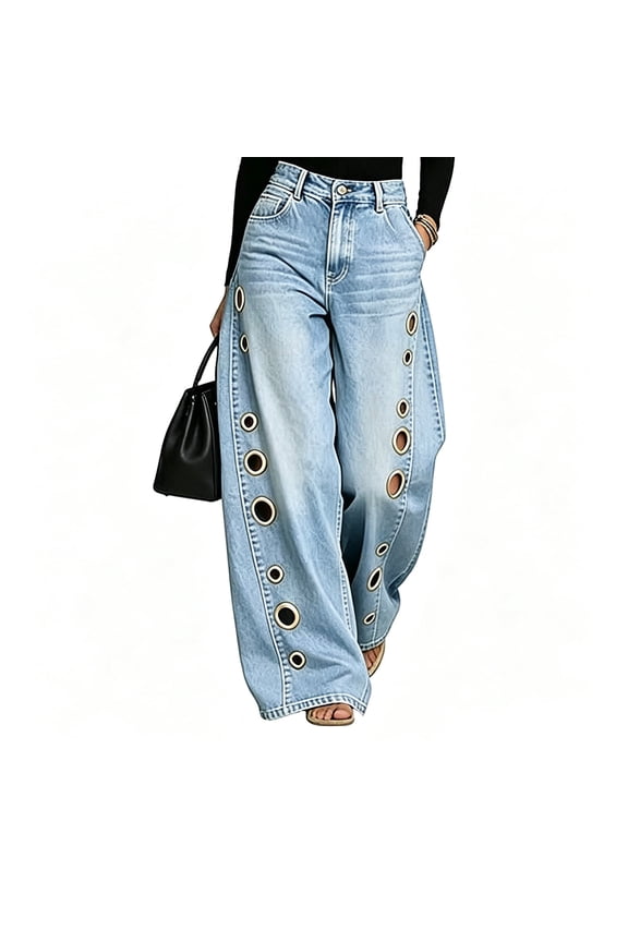 Women‘s High Waisted Grommet Denim Pants – Y2K Washed Blue Jeans with Eyelet Cutout Details, Casual Baggy Trousers for Trendy Streetwear