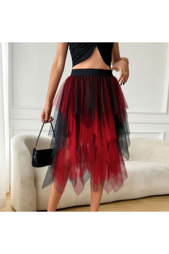 Women's High Waisted High Low Tulle Skirt Multi Layered Mesh Ruffle Irregular Hem Gothic Punk Party Skirt Flattering A-Line Silhouette For Prom Performance Club