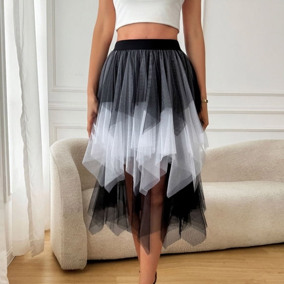 Women's High Waisted High Low Tulle Skirt Multi Layered Mesh Ruffle Irregular Hem Gothic Punk Party Skirt Flattering A-Line Silhouette For Prom Performance Club