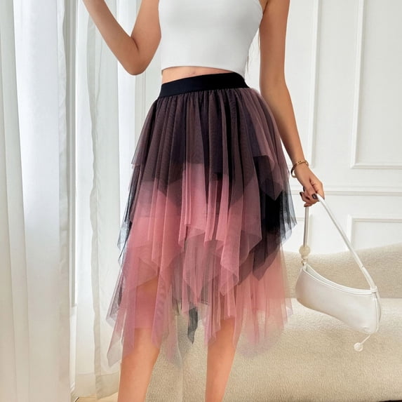 Women's High Waisted High Low Tulle Skirt Multi Layered Mesh Ruffle Irregular Hem Gothic Punk Party Skirt Flattering A-Line Silhouette For Prom Performance Club