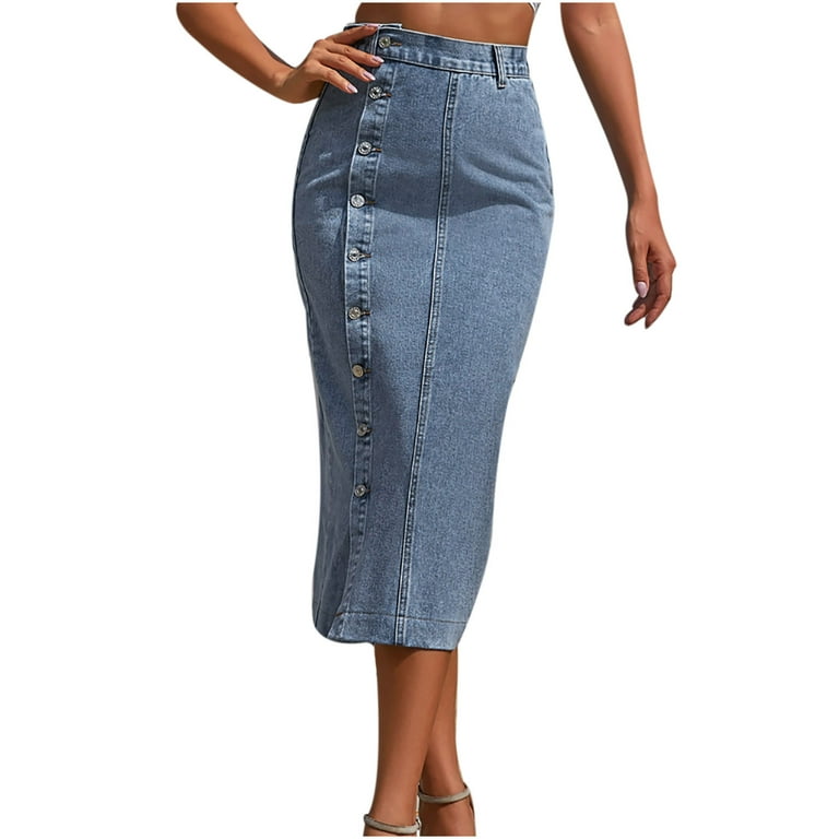 Women's High Waisted Jean Skirt Washed Distressed Split Button Up Denim Midi  Skirt Stretchy Casual Long Skirts 