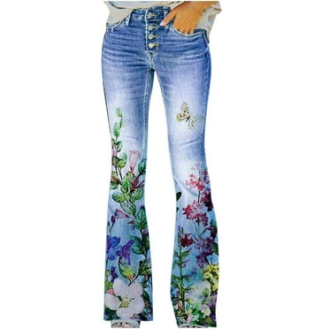Women's High Waisted Jeans 2024 Summer Button Boho Floral Print Flare Denim Bottom Bell Stretch Skinny Wide Leg Pants S-5XL