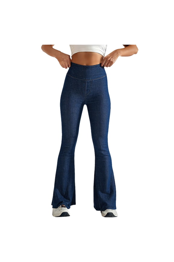Women's High Waisted Jeans Elastic Waist Wide Leg Casual Flare Pants Jogging Sport Trousers with Pockets,Blue,XXL