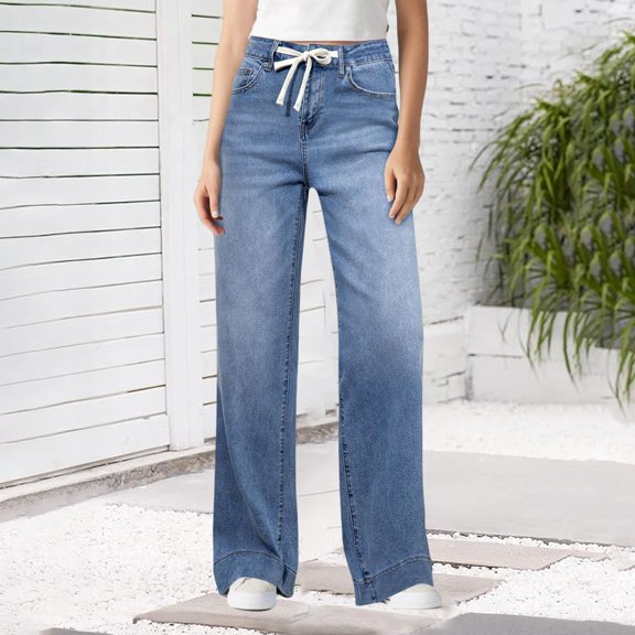 Women's High Waisted Jeans, Mom Jeans, Drawstring Baggy Wide Leg Jeans, Stretch Straight Leg Denim Pants for Streetwear, Casual Wear, and Daily Outfits-Light Blue