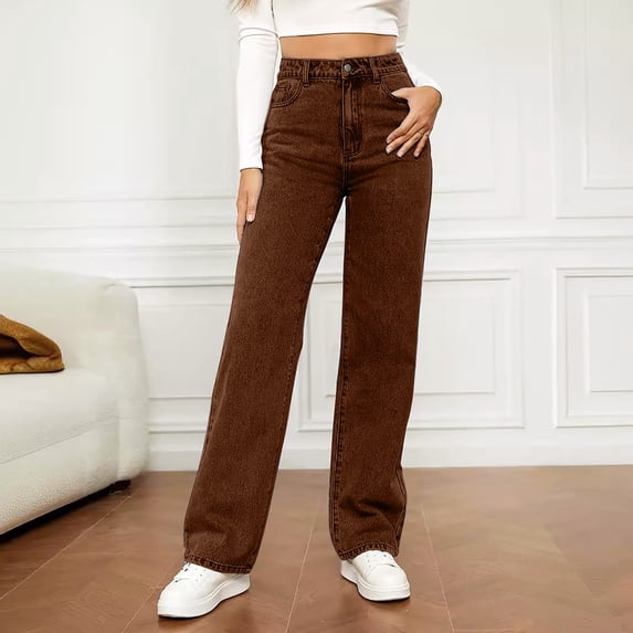 Women's High Waisted Jeans, Relaxed Fit Wide Leg Denim Pants, Loose Straight Leg Jeans for Casual Daily Wear, Street Style and Comfortable Outfits-Brown