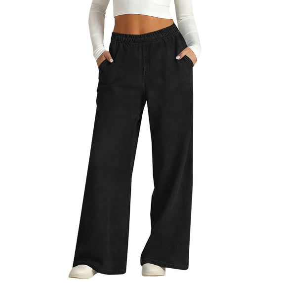 Women's High Waisted Jeans, Straight Leg Elastic Waist Pull On Jeans, Stretchy Relaxed Fit Denim Pants with Pockets, Fashion Casual Jeans for Daily Wear Black L