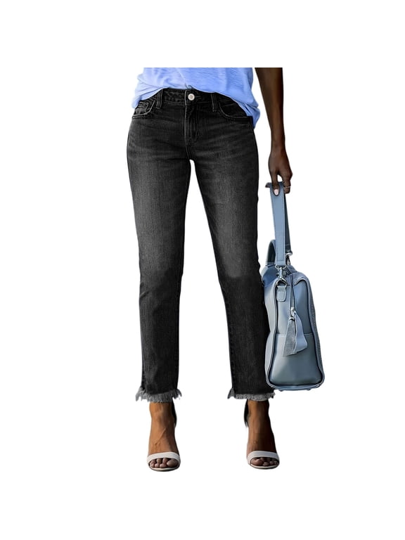 Women's High Waisted Jeans Strechy Fashion Raw Hem Straight Leg Ankle Denim Pants with Pockets Black 2XL