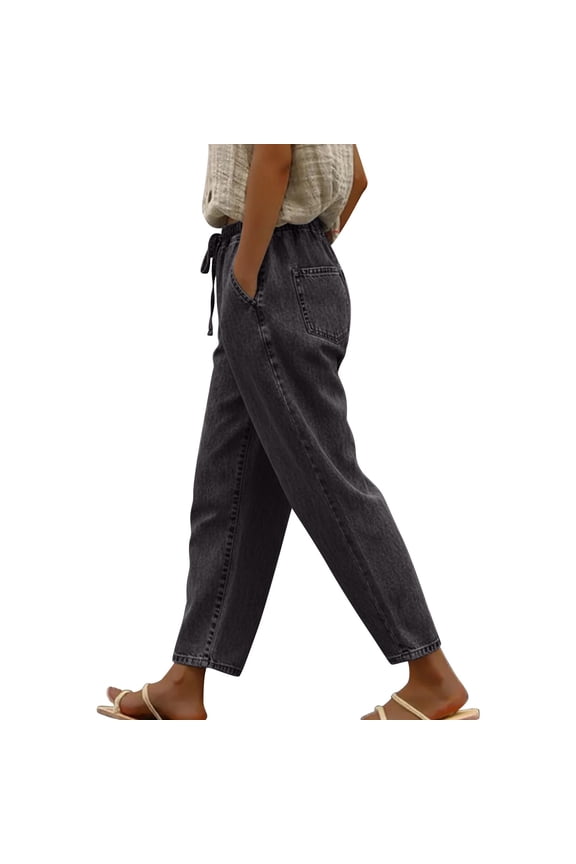 Women's High Waisted Jeans, Tapered Leg Stretchy Denim Pants with Elastic Drawstring Waist, Pull On Casual Straight Fit Jeans for Daily Wear Black S