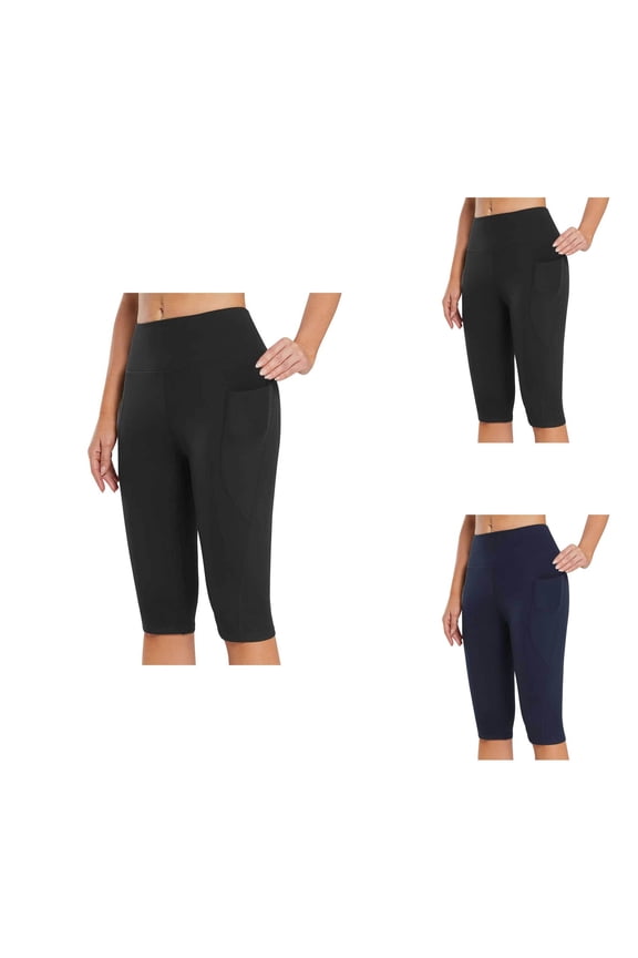 Women's High Waisted Knee Length Leggings with Pockets, Soft Slim Fit Yoga Capris Tummy Control Workout Pants, Casual Exercise Sweatpants
