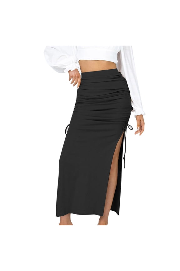 Women's High Waisted Knit Skirt Solid Color Ruched Drawstring Bodycon Long Skirt Split Casual Slim Fall Midi Skirts