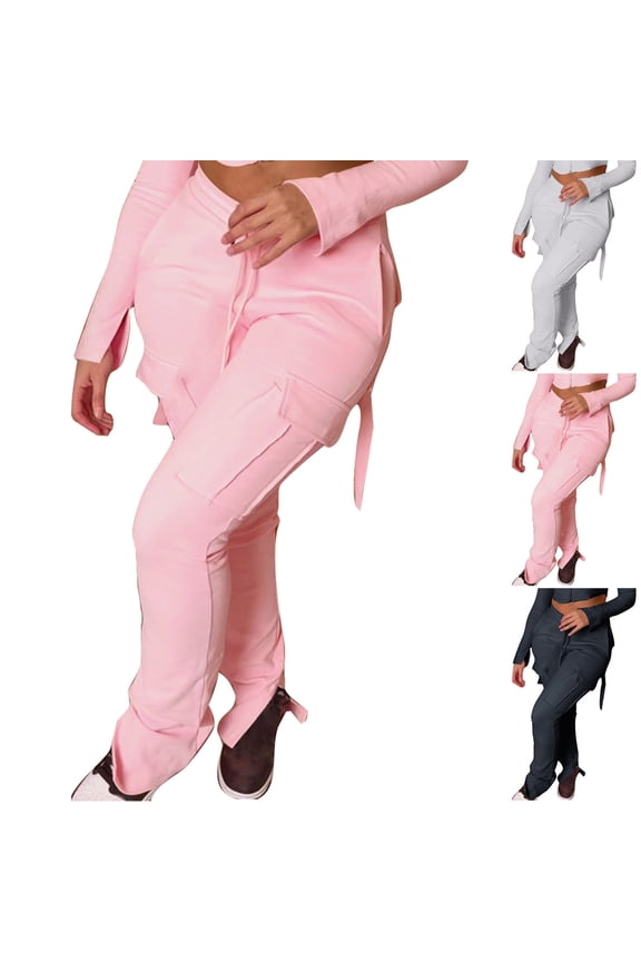 Women's High Waisted Lace Up Solid Color Vent Pants Trousers Slacks with Pockets Casual Daily Lounge Wear Travel Essentials for Women | Aestivo,Black L