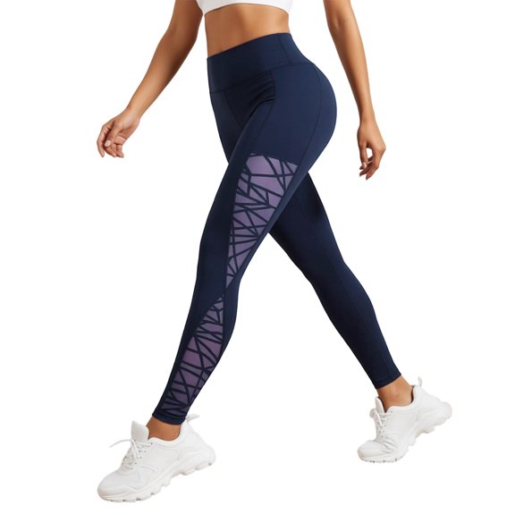 Women's High Waisted Leggings with Mesh Panels – Tummy Control Sheer Insert Yoga Pants with Side Pockets, Stretchy Workout Tights for Gym & Casual Wear(Navy,XL)