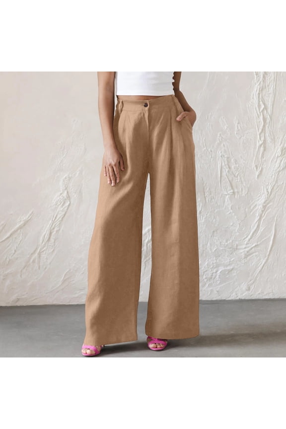 Women's High Waisted Lightweight Linen Palazzo Pants Boho Wide Leg Loose Fit Trousers Camel M