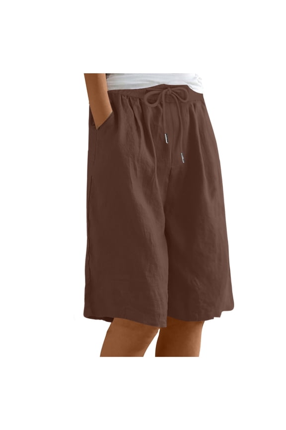 Women's High Waisted Linen Bermuda Shorts Daily Wide Leg Knee Length with Pockets Summer Casual Loose Fit Elastic Drawstrings Workout Shorts