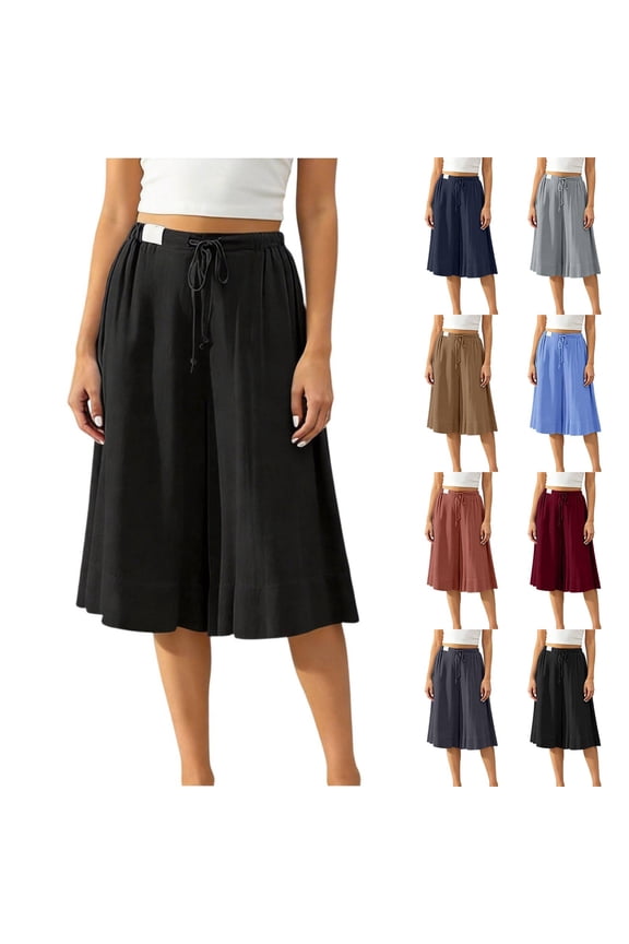 Women's High Waisted Linen Blend Wide Leg Capri Culottes Elastic Drawstring Waist Flowy Palazzo Pants with Pockets Black L