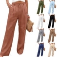 thumbnail image 1 of Women's High Waisted Linen Pants Pleated Front Button Fly Wide Leg Trousers Soft Breathable with Pockets Business Casual Work Summer Fashion Slacks, #01 Camel, L, 1 of 6