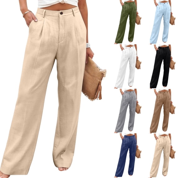 Women's High Waisted Linen Pants Pleated Front Button Fly Wide Leg Trousers Soft Breathable with Pockets Business Casual Work Summer Fashion Slacks, #01 Khaki, XXL
