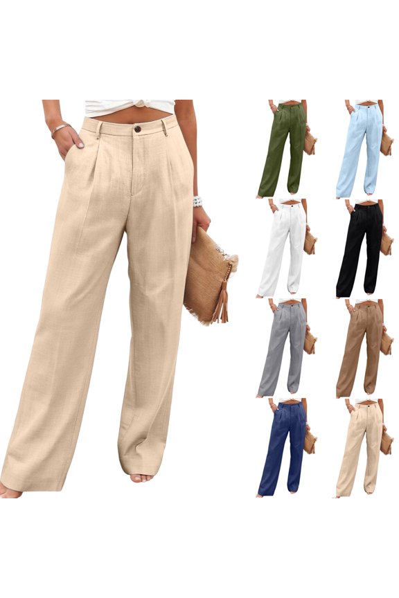 Women's High Waisted Linen Pants Pleated Front Button Fly Wide Leg Trousers Soft Breathable with Pockets Business Casual Work Summer Fashion Slacks, #01 Khaki, M