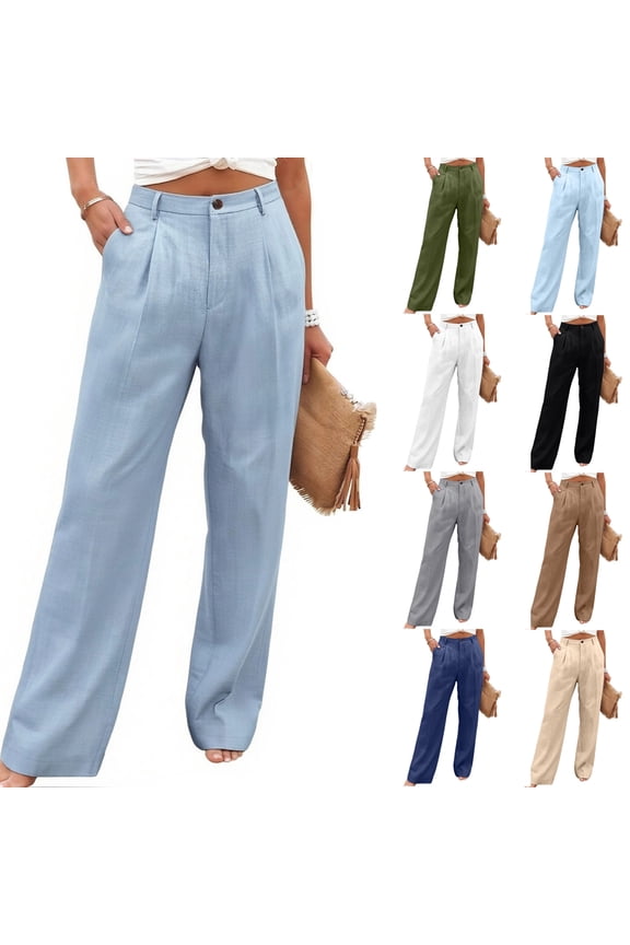 Women's Pleated Front Pants Linen High Waisted Button Fly Wide Leg Trousers Breathable with Pockets Business Casual Work Summer Elegant Slacks, #03 Light Blue, L