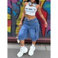 thumbnail image 1 of Women's High Waisted Long Denim Cargo Shorts Loose Fit Knee Length Jean Shorts with Multi Pockets Trendy Streetwear Summer Denim Pants, 1 of 7