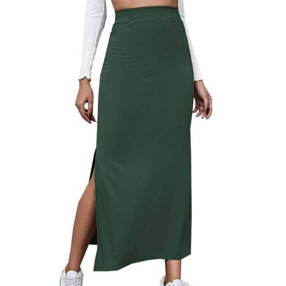 Women's Basic Plain Stretchy Ribbed Split Full Length Skirt Elastic High Waist Slim Fit Maxi Skirts