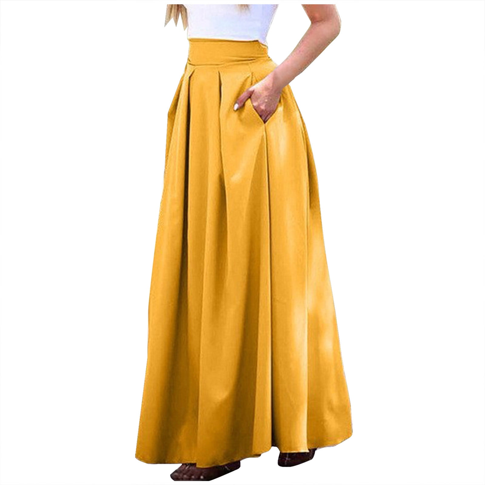 Women's High Waisted Long Skirt Solid Color Casual Pleated A-Line Flowy ...