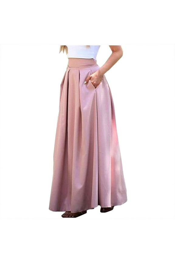 Women's High Waisted Long Skirt Solid Color Casual Pleated A-Line Flowy Spring Summer Maxi Skirt with Pockets