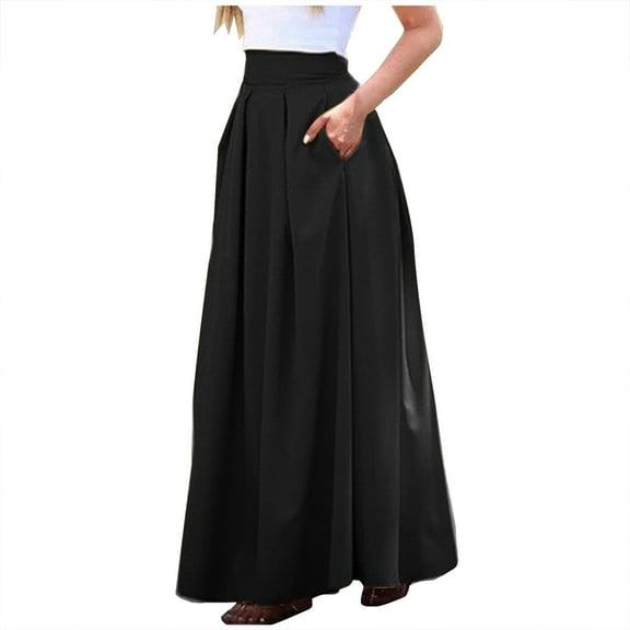 Women's High Waisted Long Skirt Solid Color Casual Pleated A-Line Flowy Spring Summer Maxi Skirt with Pockets