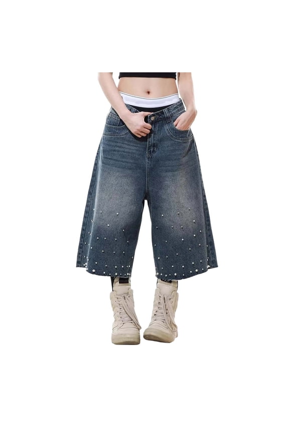 Women's High Waisted Loose Fit Cropped Jeans With Beaded Details Casual Comfort Stretch Denim Pants For Everyday Wear Spring Summer Fall