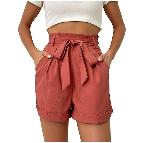 Women's High Waisted Lounge Summer Shorts Solid Color Casual Loose Comfy Cuffed Hem Bowknot Belted Shorts with Pockets