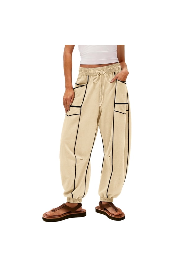 Women's High Waisted Lounge Sweatpants Drawstring Waist Contrast Patchwork Jogger Pants with Pockets Elegant Going Out Pants