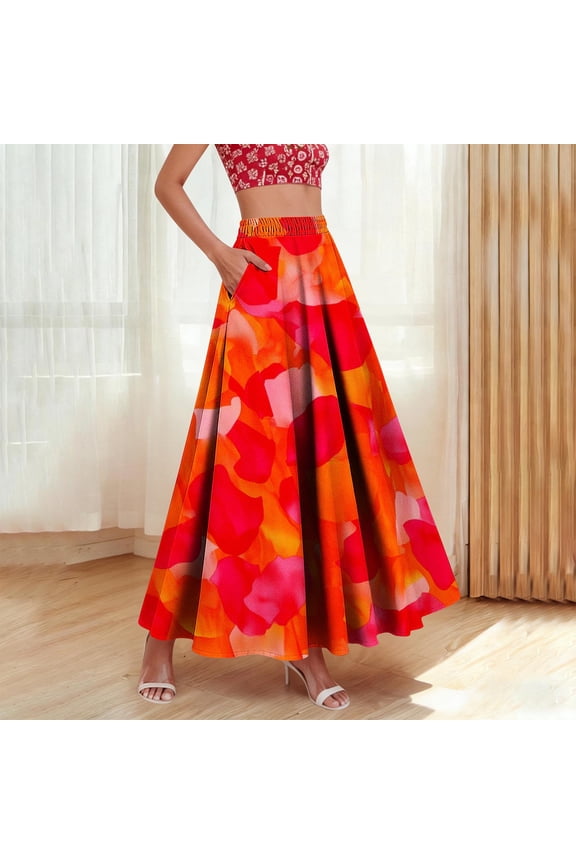 Women's High Waisted Maxi A-Line Skirt Vibrant Abstract Floral Pattern Boho Flowy Swing Long Skirt with Pockets Casual Summer Vacation Beach Wear Breathable Lightweight Bottoms