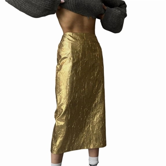 Women's High Waisted Maxi Long Skirts Line Skirt for Casual Gold M