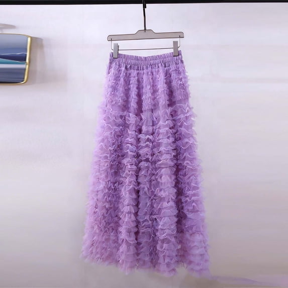 Women's High Waisted Maxi Skirt Multi Tiered Ruffle Tulle Mesh A-Line Skirt Flowy Lightweight Layered Skirt for Party Club Prom Evening Date Night Elegant Chic Style