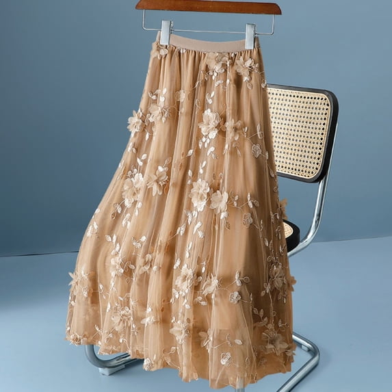 Women's High Waisted Mesh Skirt with Double Layer Design and 3D Floral Embellishment
