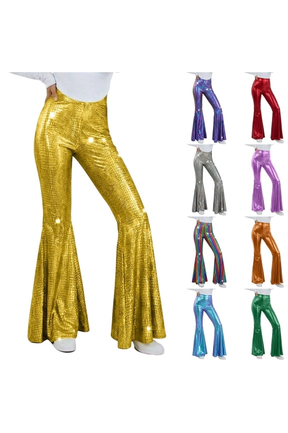 Women's High Waisted Metallic Flare Pants, Stretchy Shiny Disco Bell Bottoms for Party & Dance