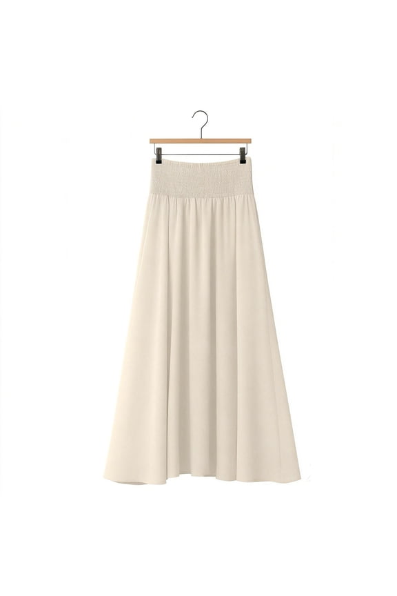 Women's High Waisted Midi A-Line Skirt Smocked Elastic Waist Flowy Lightweight Pleated Bottom Breathable Elegant Casual Skirt For Office Date Night Daily Wear