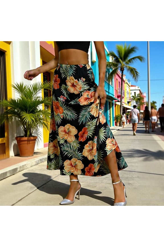 Women's High Waisted Midi A-Line Skirt Tropical Floral Hibiscus Print Flowy Chiffon Skirt Bohemian Style Side Split Lightweight Breathable Apparel for Summer Beach Holiday