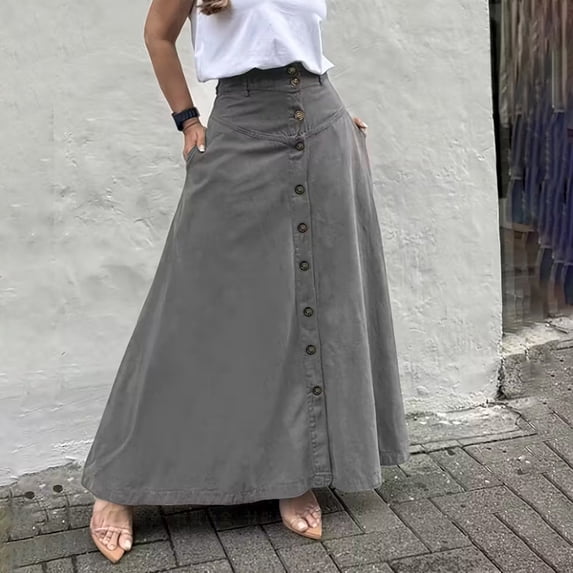 Women's High Waisted Midi Skirt, Elegant Solid Color Front Button A-Line Skirt with Pockets and Side Slit, Versatile All Seasons Work Skirt for Office and Casual Wear Grey M