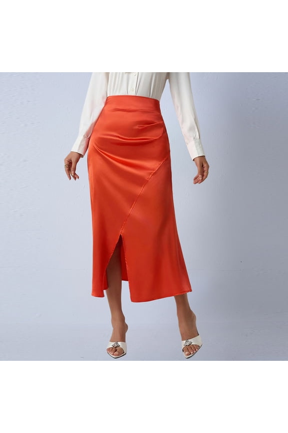 Women's High Waisted Midi Skirt Satin Silk Feel Asymmetric Ruched Wrap Skirt Chic Side Split Office Career Professional Elegant Formal Event Pencil Skirt