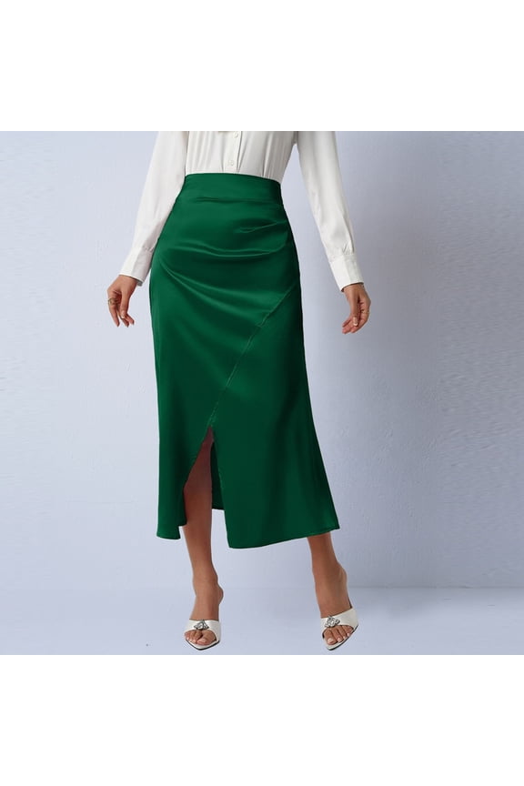 Women's High Waisted Midi Skirt Satin Silk Feel Asymmetric Ruched Wrap Skirt Chic Side Split Office Career Professional Elegant Formal Event Pencil Skirt