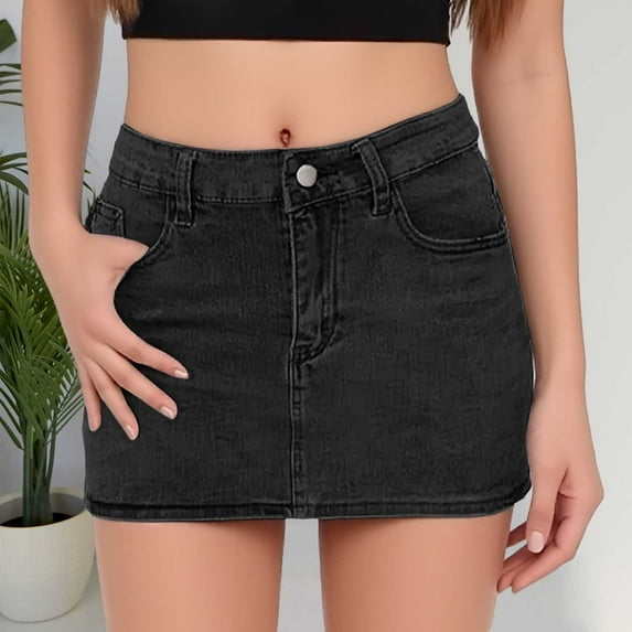 Women's High Waisted Mini Denim Skirts with Pockets Jean Bodycon Skirts (Black M)