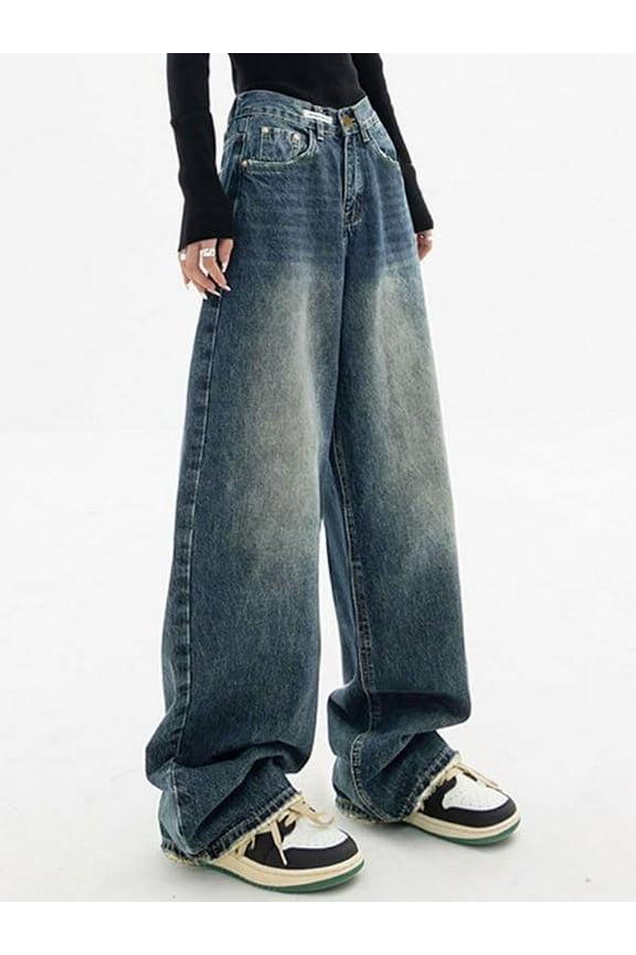 Women's High - Waisted Oversized Wide - Leg Jeans in Washed Blue - With Front and Back Pockets, Frayed Details, Sewn - in Cuffed Hems, Made of Premium Stretchy Fabric