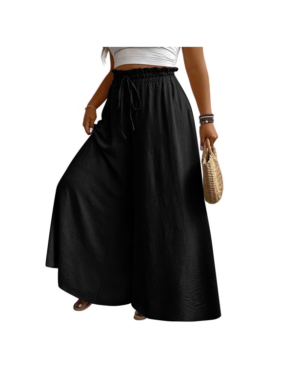 Women's High Waisted Palazzo Pants Elastic Drawstring Wide Leg Maxi Casual Lounge Pants