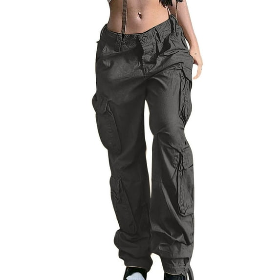 Women's High Waisted Pants Baggy Cargo Pants Women High Waist Pants for Women Loose Pocket Jogger Straight Wide Leg Cargo Pants S-36 Dark Gray S