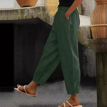 Women's High Waisted Pants Casual Ankle Length Trouser Flowy Wide Leg Trousers Beach Harem Pants with Pockets Army Green2XL