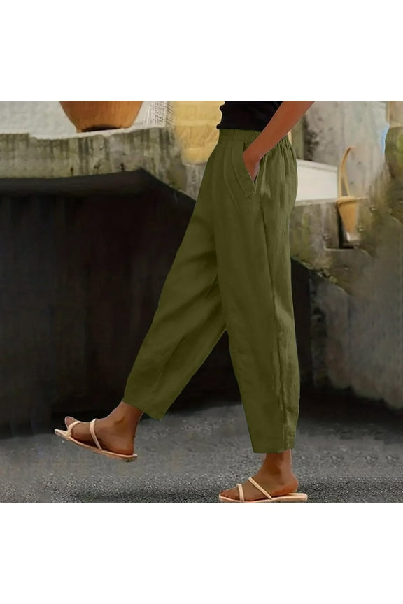Women's High Waisted Pants Elastic Waist Capri Pants with Pockets Wide Leg Cropped Trousers Baggy Harem Pants Slacks June 16—don't forget!